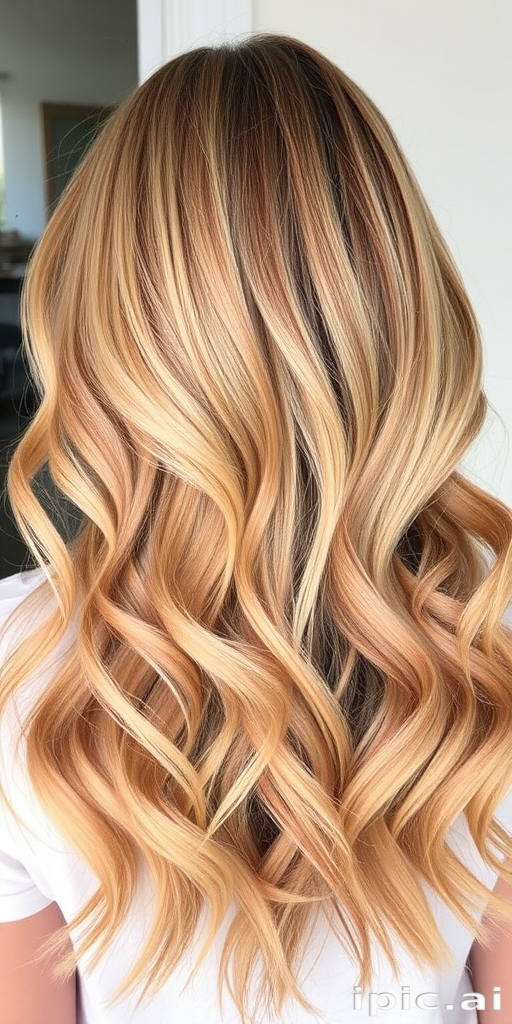 Warm honey blonde beach waves known as "Golden Hour Glow" with subtle lowlights and sun-kissed highlights, styled effortlessly for a carefree vibe