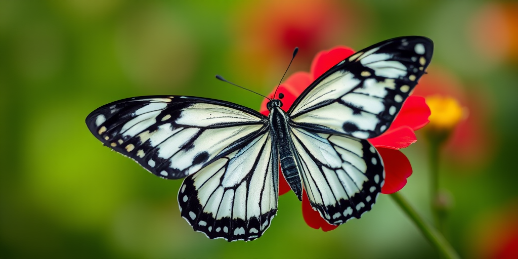 Generate an image of a butterfly delicately resting on a vibrant flower. The butterfly should have striking black and white patterns on its wings, while the flower is bright red with yellow accents. The background should have a soft, blurred green bokeh effect to enhance the focus on the butterfly and the flower.