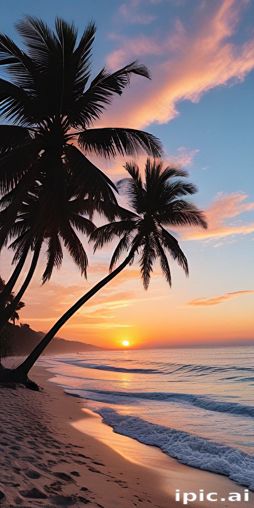 Tranquil Sunset Over a Serene Beach with Palm Trees Silhouettes