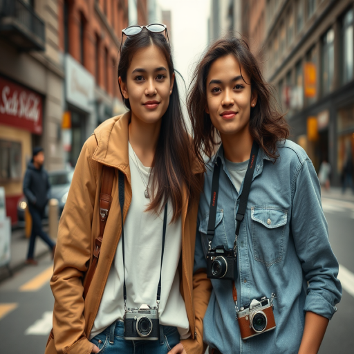 Capture a candid moment of two individuals in casual attire standing close together on a city street, with retro cameras hanging from their waists, using a full-frame DSLR with a 50mm lens, aperture set to f/2.8 for a shallow depth of field, ISO at 400, and a shutter speed of 1/125 sec, focusing on the dynamic urban background for enhanced detail and perspective.