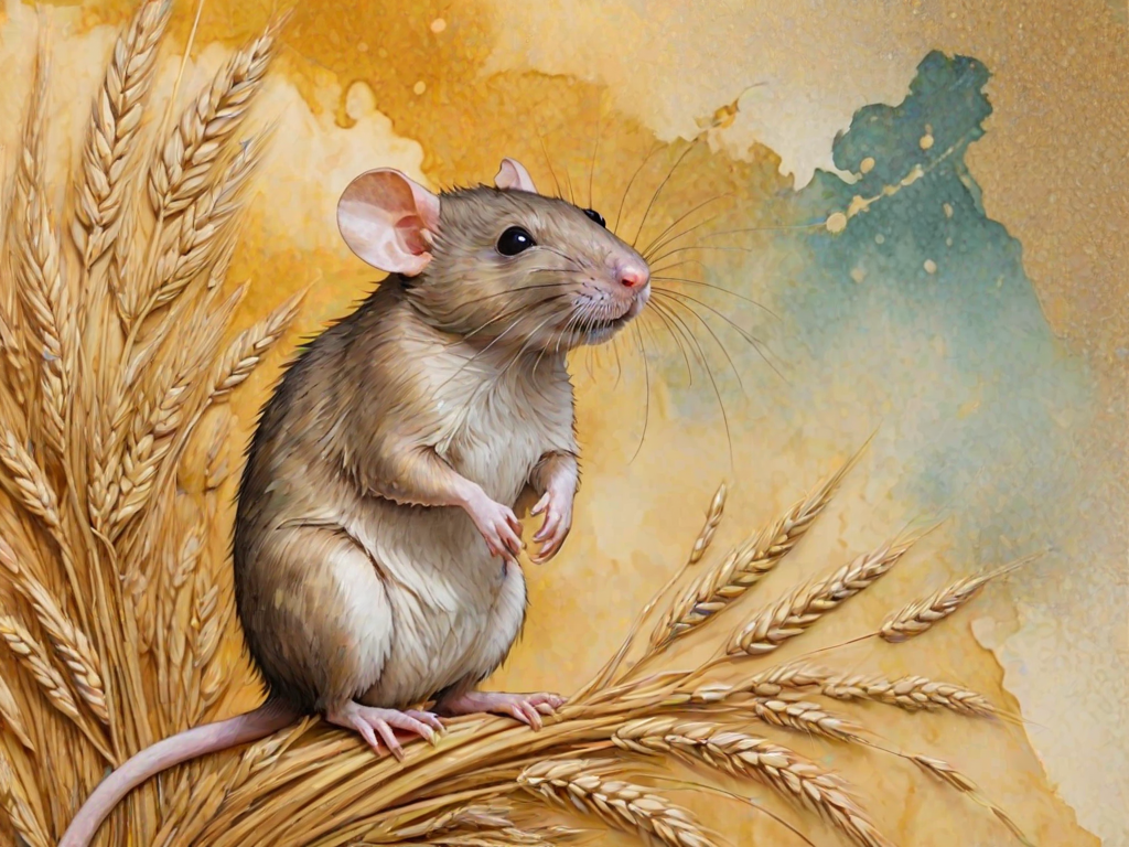 Soft, muted Alcohol Ink with ebru effect background image of tiny whimsical rat, who climbed high on the top of a golden rye ear.