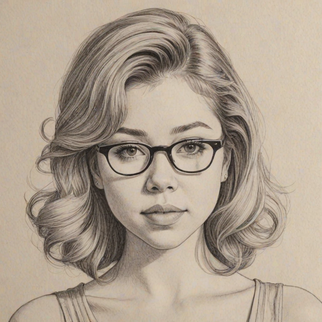 Alluring Jennette McCurdy, pencil sketch, portrait of Attractive woman 1944s in glasses, hair style beatnik, outline, clear lines, fine lines, 8k