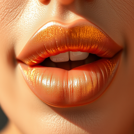 Shimmering nude lips with golden undertones, reflecting light and creating a luxurious glow, enhancing natural beauty with understated elegance