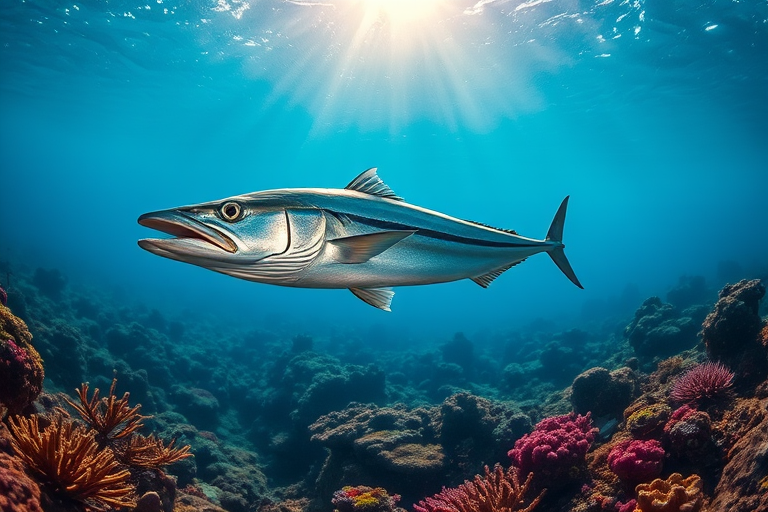 high-resolution underwater photograph of a barracuda swimming through a vibrant coral reef, sunlight filtering through the water creating dramatic rays, f/8 aperture, ISO 200, 1/100s shutter speed, wide-angle lens, DSLR camera