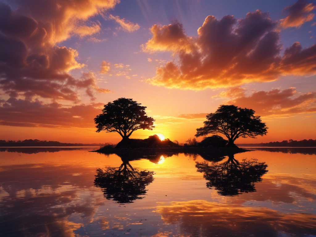 Serene Sunset Over Tranquil Waters with Silhouetted Trees and Colorful ...