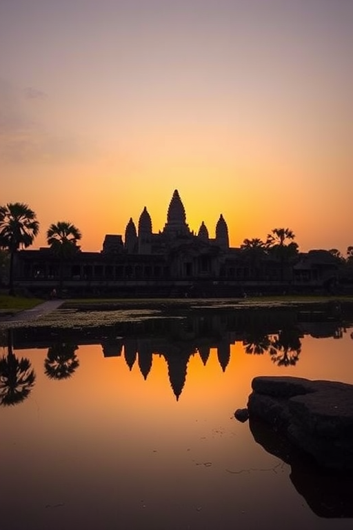 Capture a high-resolution image of Angkor Wat at sunrise, with a Canon EOS R5, 24mm lens, f/8 aperture, ISO 100, 1/60 second shutter speed, using a wide-angle view to include reflections in the water, enhancing colors and contrast for clarity.