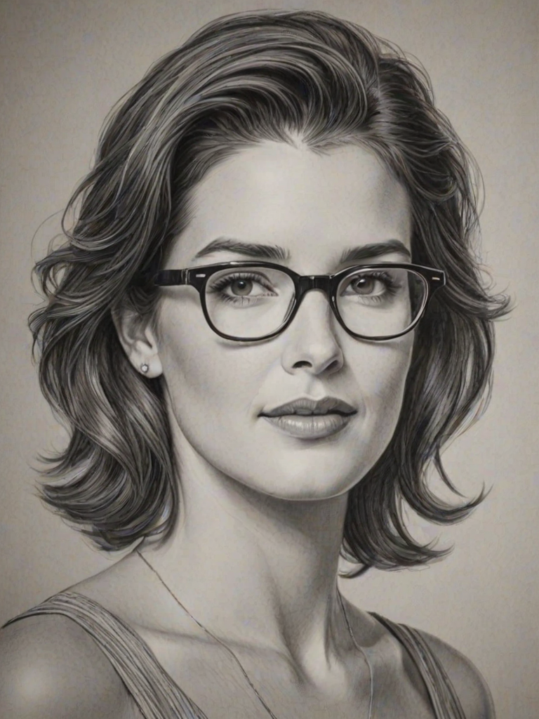 Enticing Cobie Smulders, pencil sketch, portrait of Gorgeous woman 1950s in glasses, hair style beatnik, outline, clear lines, fine lines, 8k