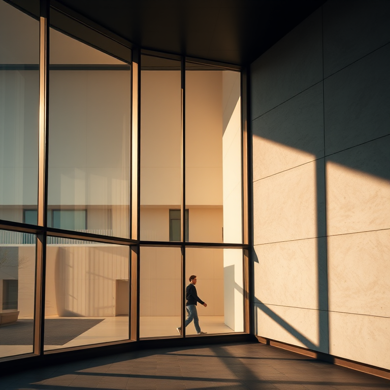Capture a modern architectural detail featuring an abstract facade with large windows and a figure visible inside, shot with a Canon EOS R5 at f/8, ISO 100, 1/200s, using a 24-70mm lens in a wide-angle perspective for enhanced clarity and depth.