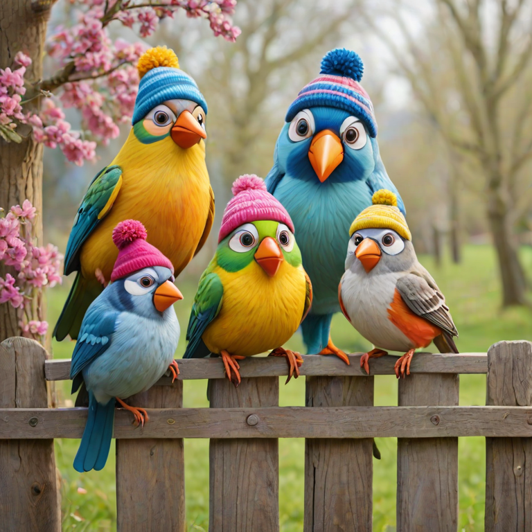 create a scene of 4 quirky  whimsical colourful comical birds each with a funny expression. they are sat on a wooden fence with colourful flowers. they are all different sizes. each one is a different colour  one is wearing a woolly hat. Each one has a different quirky google expression and there is a muted background of trees watercolour paintierly style high definition 8k resolution 3D paper mache