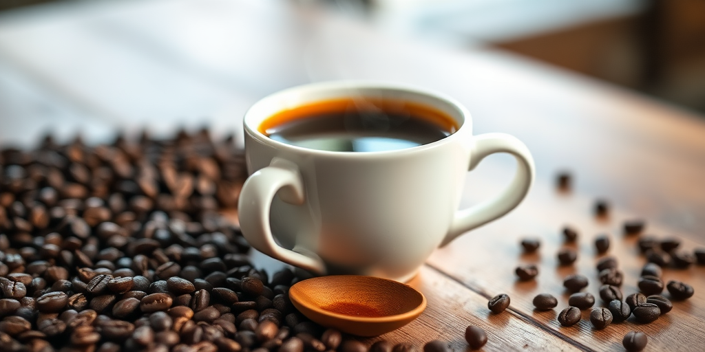 A close-up shot of a steaming cup of coffee on a wooden table, surrounded by coffee beans and a wooden spoon, natural lighting, shallow depth of field, ISO 200, f/2.8, 50mm lens, DSLR camera.