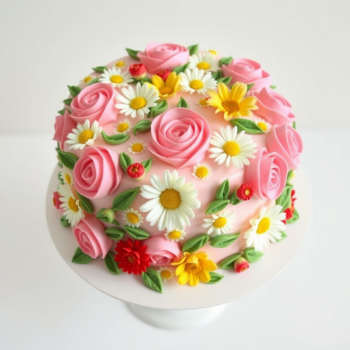Create an image of a beautifully decorated cake with intricate floral designs made of buttercream icing. The cake should be round and multi-layered, adorned with pink roses, white daisies, and green leaves, featuring vibrant yellow and red flowers interspersed throughout. The cake should be presented on a delicate white cake stand against a simple background.