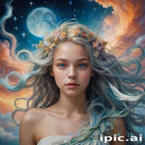 Create a series of imaginative portraits where each subject is infused with elements of fantasy and nature. The hair of the individuals should flow like clouds, varying from soft, fluffy cumulus to wispy cirrus strands, with hints of color reflecting a sunset or a clear blue sky. The eyes should be windows to entire galaxies, with stars, nebulae, and distant planets visible within them. Clothing should be adorned with nature motifs, such as floral patterns that bloom and change, vines that seem to grow and wrap around, or feathers that shimmer with iridescence. Each portrait should capture a unique personality, blending human features with the ethereal beauty of the natural and cosmic world. The backgrounds can vary, from starry night skies to enchanted forests, adding depth and context to the magical realism of the portraits