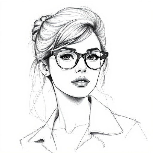 Lovely Ashley Benson, pencil sketch, portrait of Attractive woman 1960s in glasses, hair style beatnik, outline, clear lines, fine lines, 8k