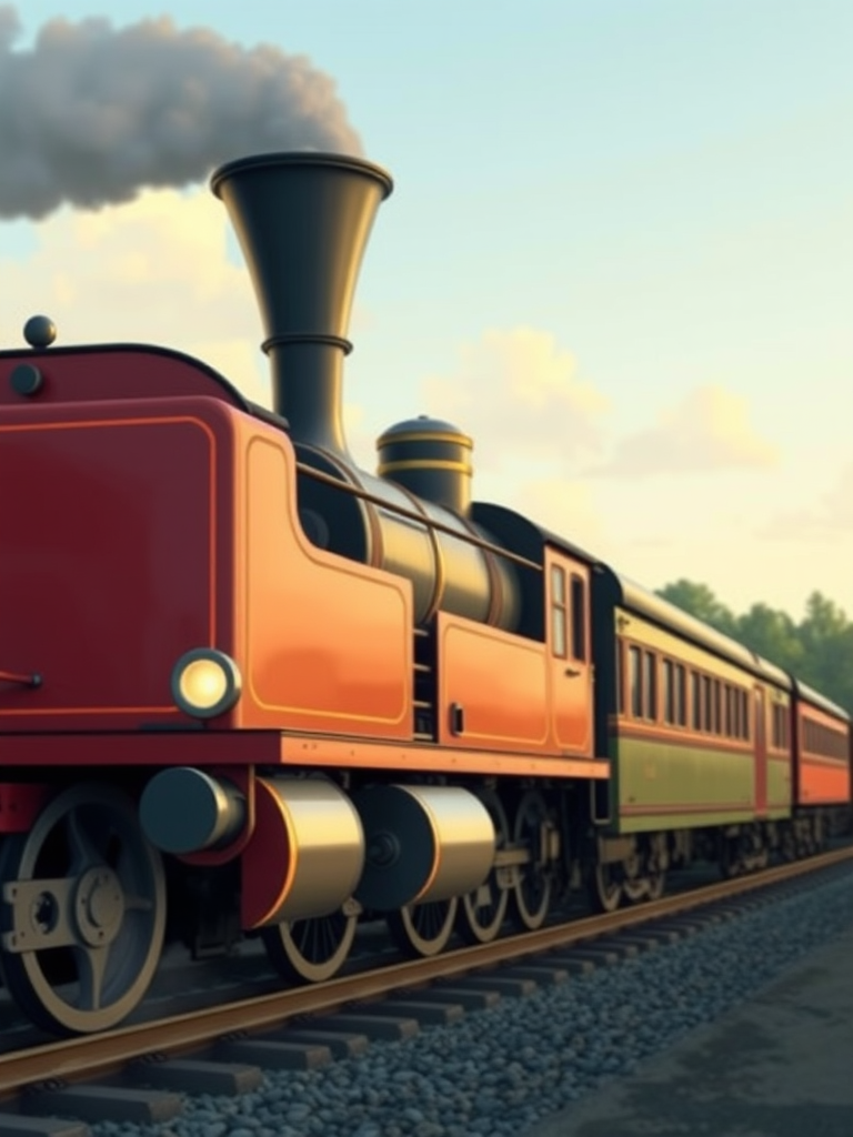 illustration of a cartoon steam train with smoke, side view, high-resolution, ISO 100, aperture f/8, shutter speed 1/200s, digital medium format camera