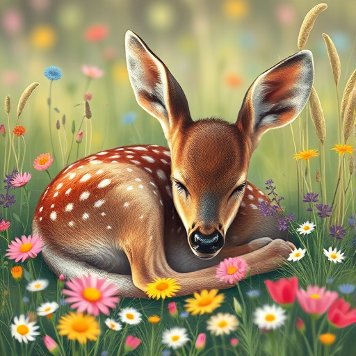 A sleeping fawn surrounded by colorful wildflowers in a soft, artistic illustration style with vibrant colors, taken with a DSLR camera at f/2.8 aperture, 50mm lens, using a shallow depth of field to enhance background blur, and natural light for a warm, gentle glow.