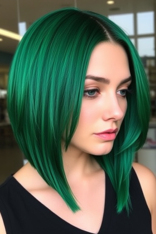 Richly pigmented emerald green tresses styled in a sleek, chin-length bob dubbed "Enchanted Forest," showcase a razor-sharp precision cut with blunt ends, featuring a glossy finish that reflects light beautifully, creating an eye-catching and sophisticated appearance