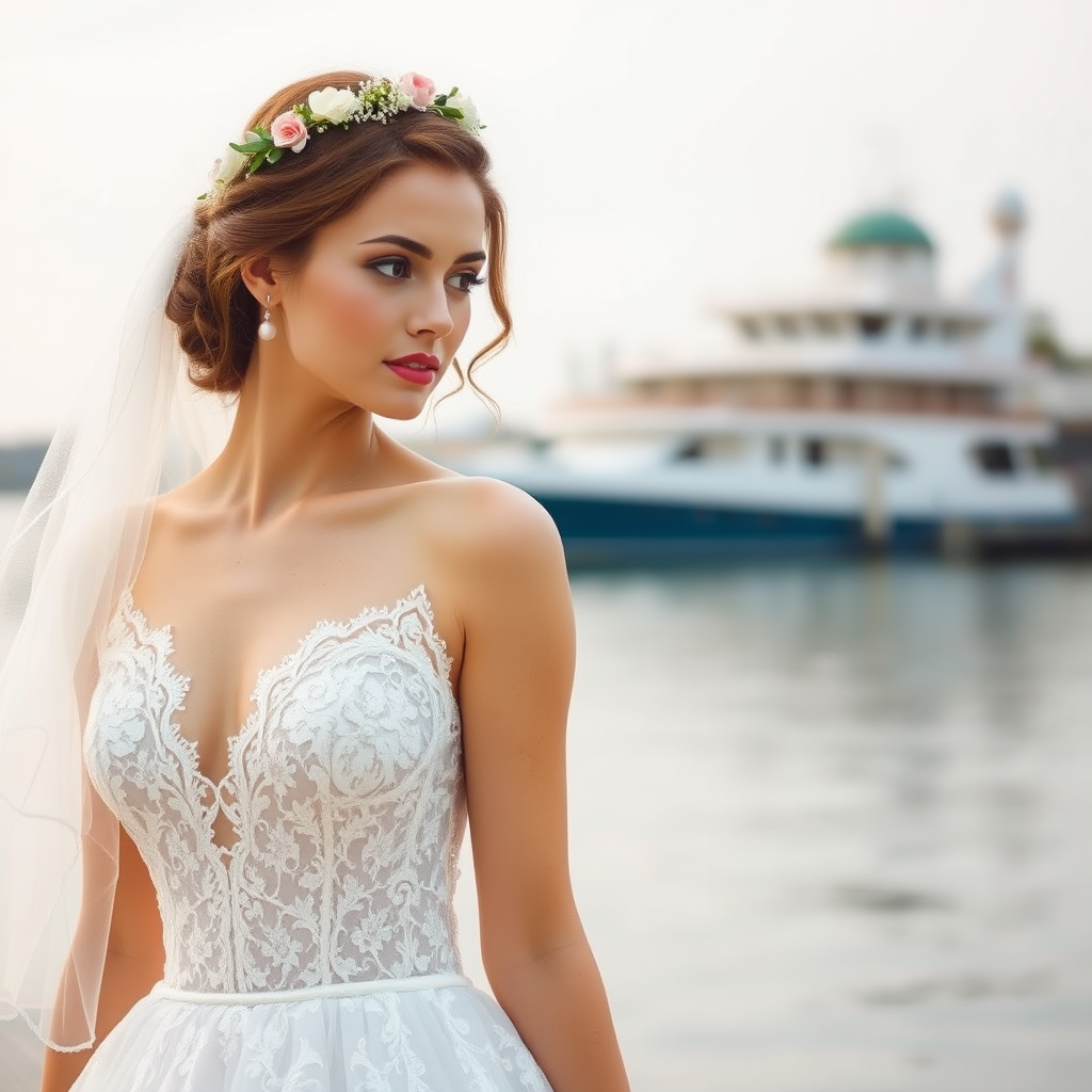 water front scene, bridal model, delicate lace gown, floral headpiece, soft romantic focus, high-key lighting and an 85mm lens for soft, even tones that highlight the model’s face and bright outfit against a white or light background