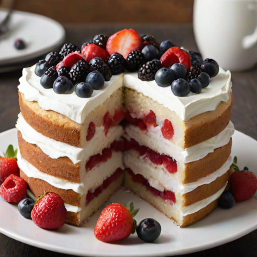 Create an image of a layered vanilla cake with fresh berries and whipped cream. The cake should have visible layers filled with cream and mixed berries like strawberries, blueberries, and blackberries. The top should be decorated with more whipped cream and whole berries, presented on a white plate with a simple background.