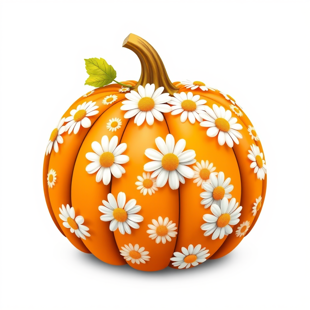 a whimsical orange pumpkin with white daises pattern covering the pumpkin. Solid white background sublimation vector 3000dpi 32k