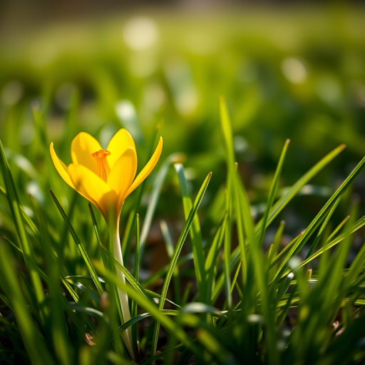 Capture a close-up shot of a yellow crocus flower amidst green grass in soft natural light, using a DSLR camera with a 50mm f/1.8 lens, aperture set to f/2.8, shutter speed of 1/200 sec, ISO 100, with a shallow depth of field to enhance background blur.