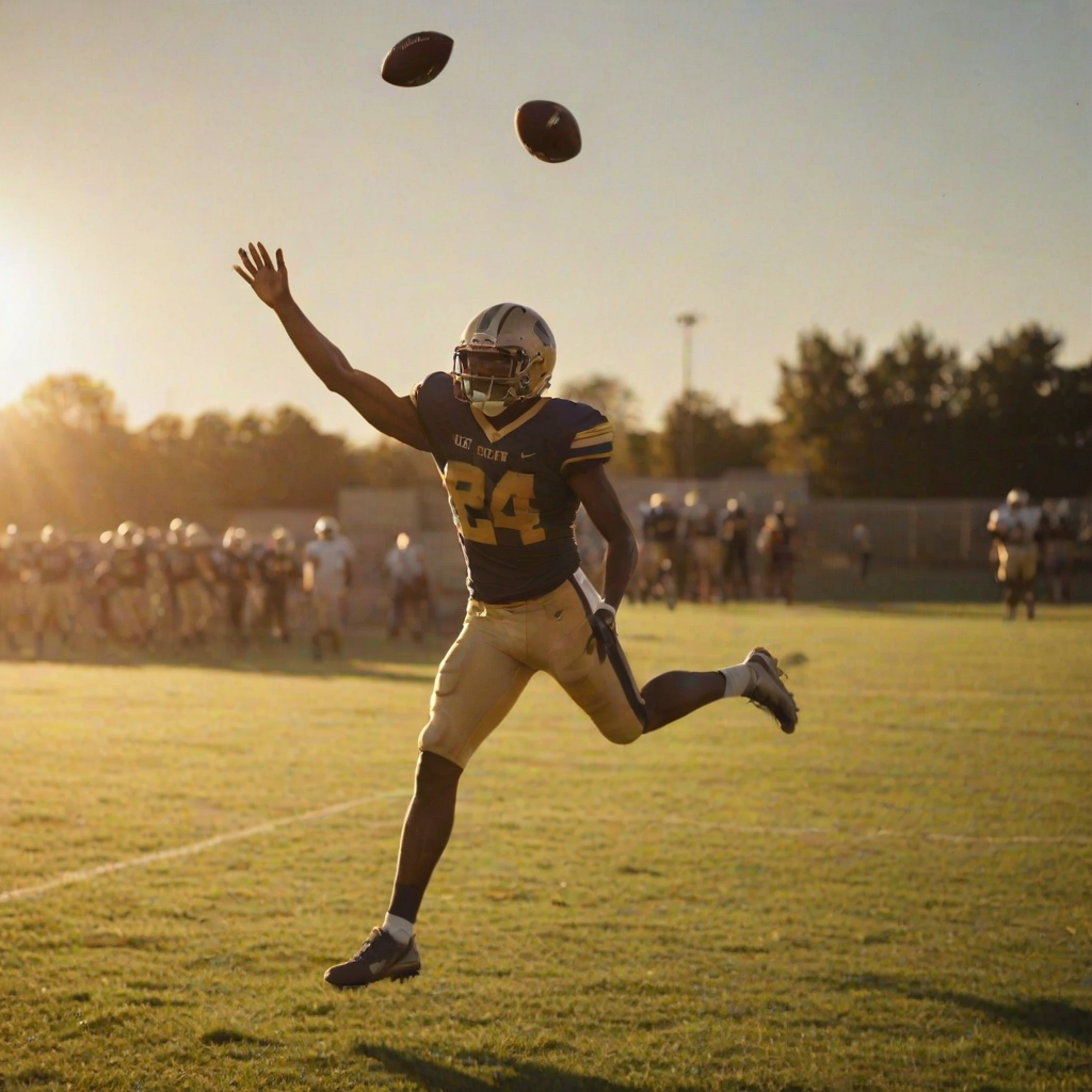 Blurry action shot of a football player catching a pass mid-air, soft golden light from the setting sun casting long shadows on the field, with distant teammates cheering from the sideline.