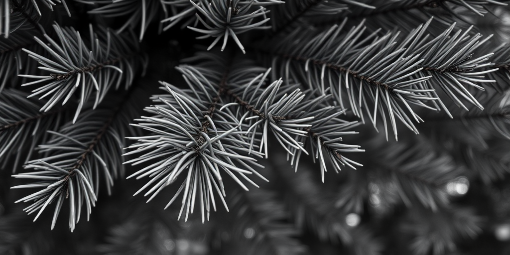 close-up of pine tree branches with detailed needles in black and white photography, f/2.8 aperture, 50mm lens, ISO 100, macro camera style, shot from a low angle with a shallow depth of field to enhance details