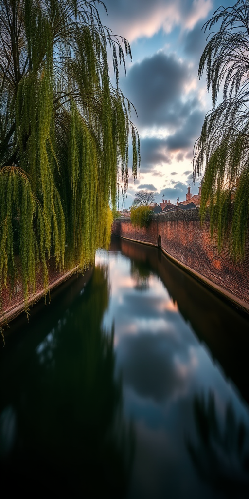 Create a tranquil evening scene of a serene waterway flanked by lush willow trees and historical stone walls, long exposure photography, ISO 100, aperture f/8, shutter speed 30 seconds, wide-angle lens, DSLR camera, soft focus on clouds and reflections in the water.