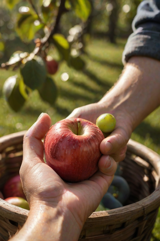 Sharp, close-up photo of a hand holding a freshly picked apple, droplets of dew still visible on the skin, sunlight filtering through orchard trees in the background, soft shadows on the hand, a wooden basket filled with more apples resting on the ground nearby.