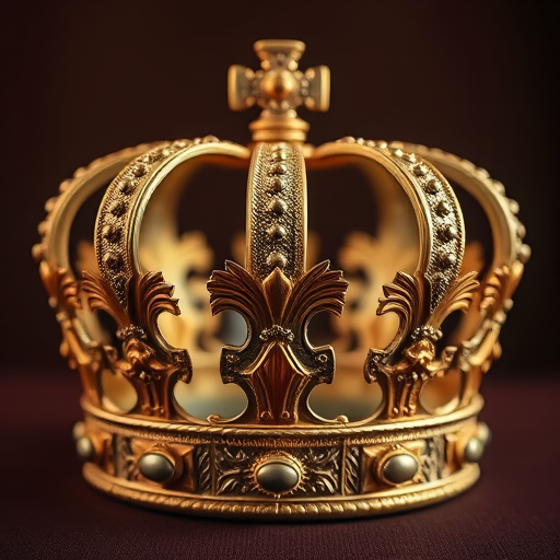 Generate a high-resolution image of a royal crown with intricate details, using a 50mm lens, f/1.8 aperture, ISO 100, with soft diffused lighting, frontal view, DSLR camera style.