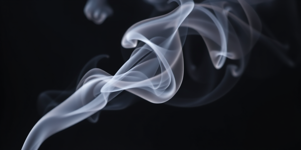 Create an enchanting close-up image of swirling incense smoke against a dark background, using a DSLR camera with a 50mm lens, aperture set to f/2.8, shutter speed 1/250s, ISO 100, and soft focus to enhance the ethereal quality of the smoke.