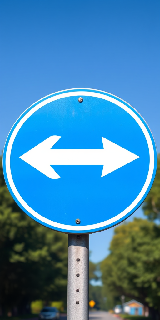 Create a high-resolution image of a blue circular road sign with a white left arrow pointing diagonally downwards, captured using a DSLR camera at f/8 aperture, ISO 100, and a shutter speed of 1/250 seconds, in a bright daylight setting.