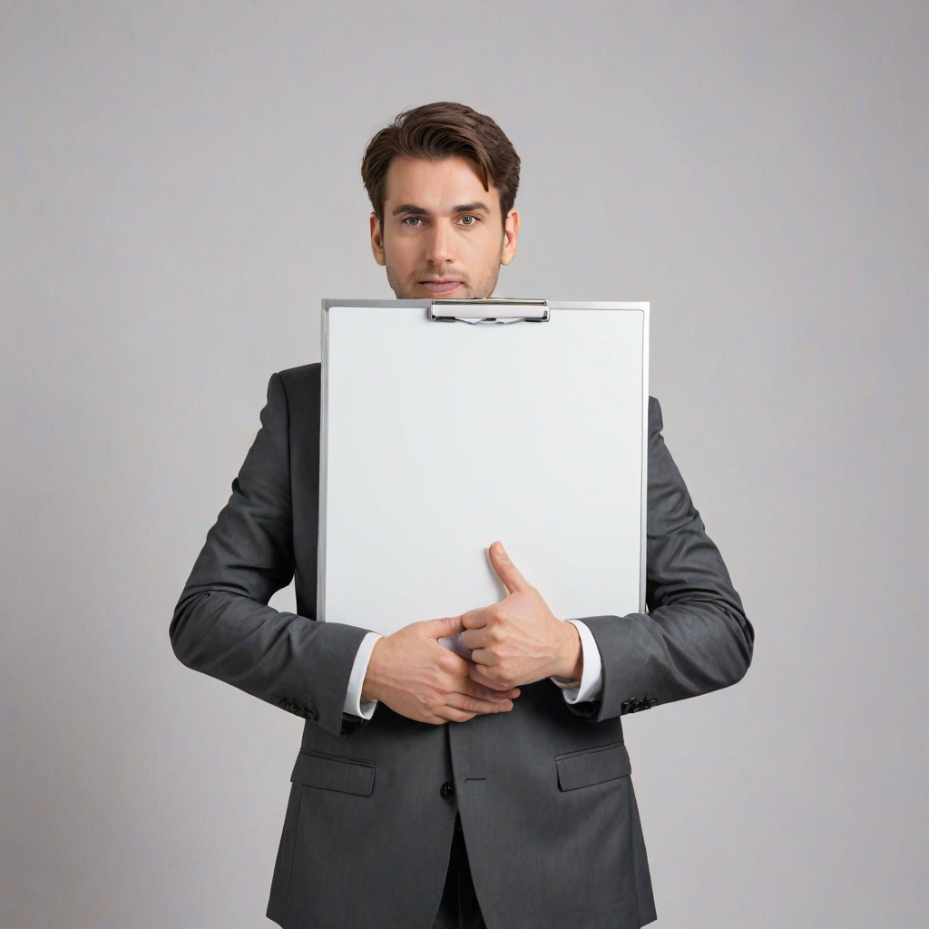 Create an image of a professional individual in a business suit, holding a large blank whiteboard in front of their face. The background should be neutral to emphasize the person and the blank board. Make sure the person's hands are visible, and they are positioned at mid-chest level, showcasing the blank space clearly.