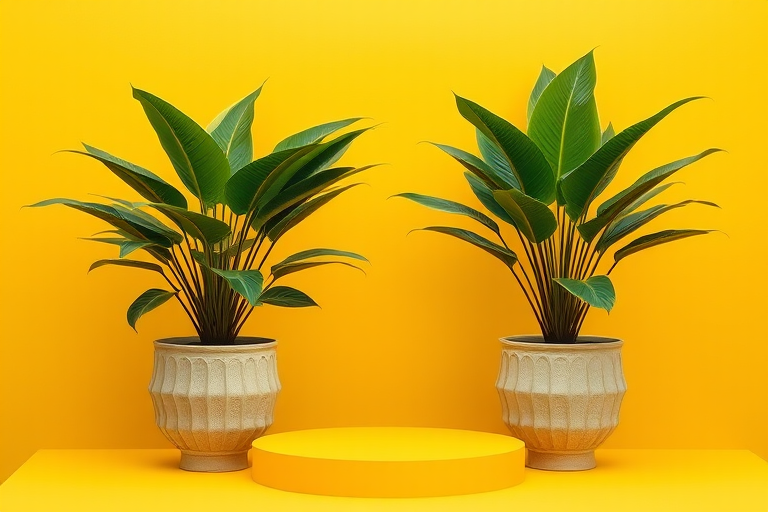 Generate an image of a minimalist display scene featuring two large tropical plants in textured beige pots flanking a bright yellow platform against a vibrant yellow background, using a DSLR camera with f/2.8 aperture, 1/200 second shutter speed, ISO 100, and a shallow depth of field for enhanced image quality.
