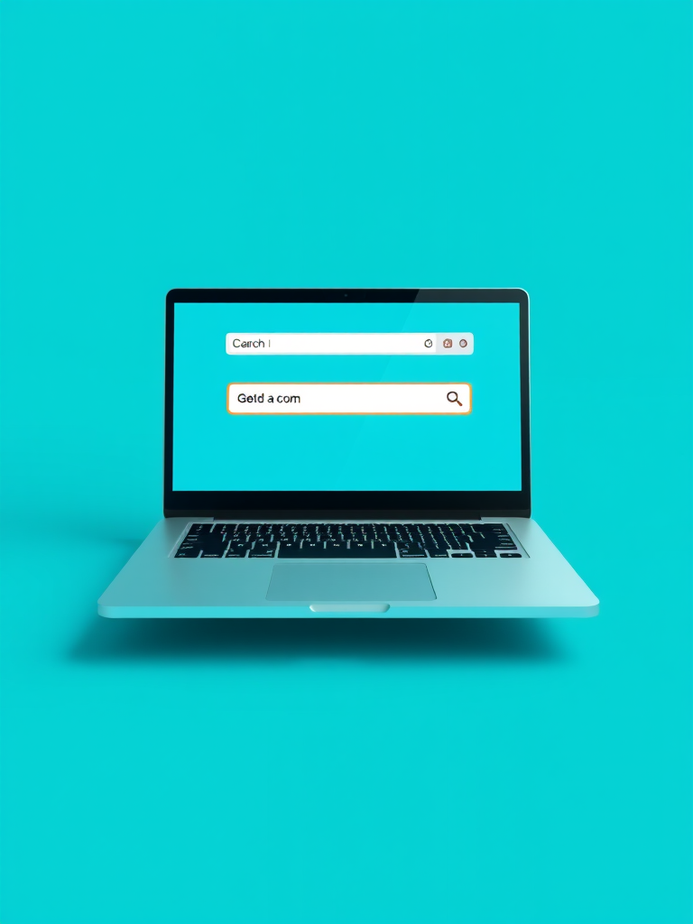 Create a high-resolution digital illustration of a sleek laptop displaying a web browser interface with a search bar, set against a vibrant teal background, using a wide-angle lens, f/2.8 aperture, 60mm focal length, ISO 100, in a soft light environment to enhance clarity and detail.