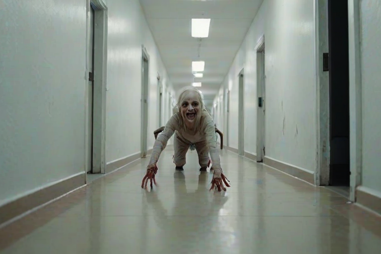 a crooked female with long arms and a creepy smile is crawling along a long white corridor and you can also see cockroaches in it there is a creepy atmosphere creepy art style