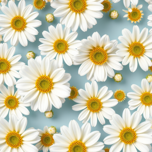 Create a seamless floral pattern featuring white flowers with yellow centers on a soft blue background, high-resolution with macro lens, f/2.8, ISO 100, shot from above using a DSLR camera, vibrant colors and clear details.