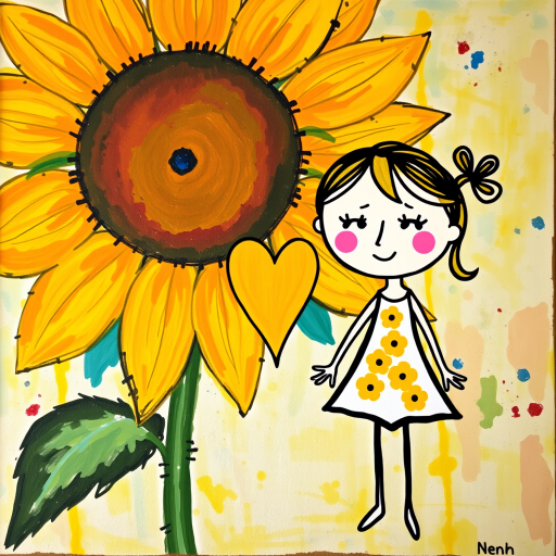 Stylized impressionism painting of a large sunflower with an oversized center and colorful petals. Beside, a young female character with eyes represented by dots and a mouth by a line, pink cheeks, hair attached, arms and legs a black line, flowery white dress triangle shape. A yellow heart surrounded by a black line between the two. Textured background with touches of colorful paint. Childish style.