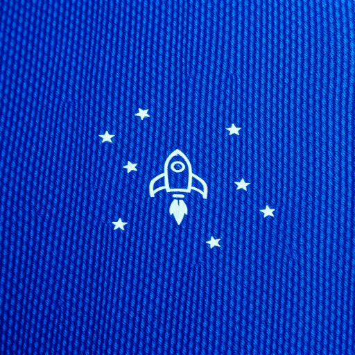 regenerate a textured blue fabric featuring a rocket and stars, macro view, f-stop 2.8, shutter speed 1/60, ISO 100, natural light, DSLR camera