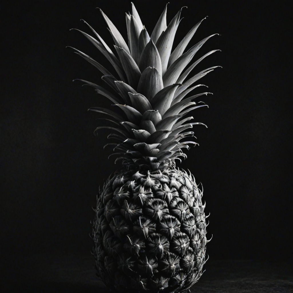a black and white image of a pineapple against a dark background