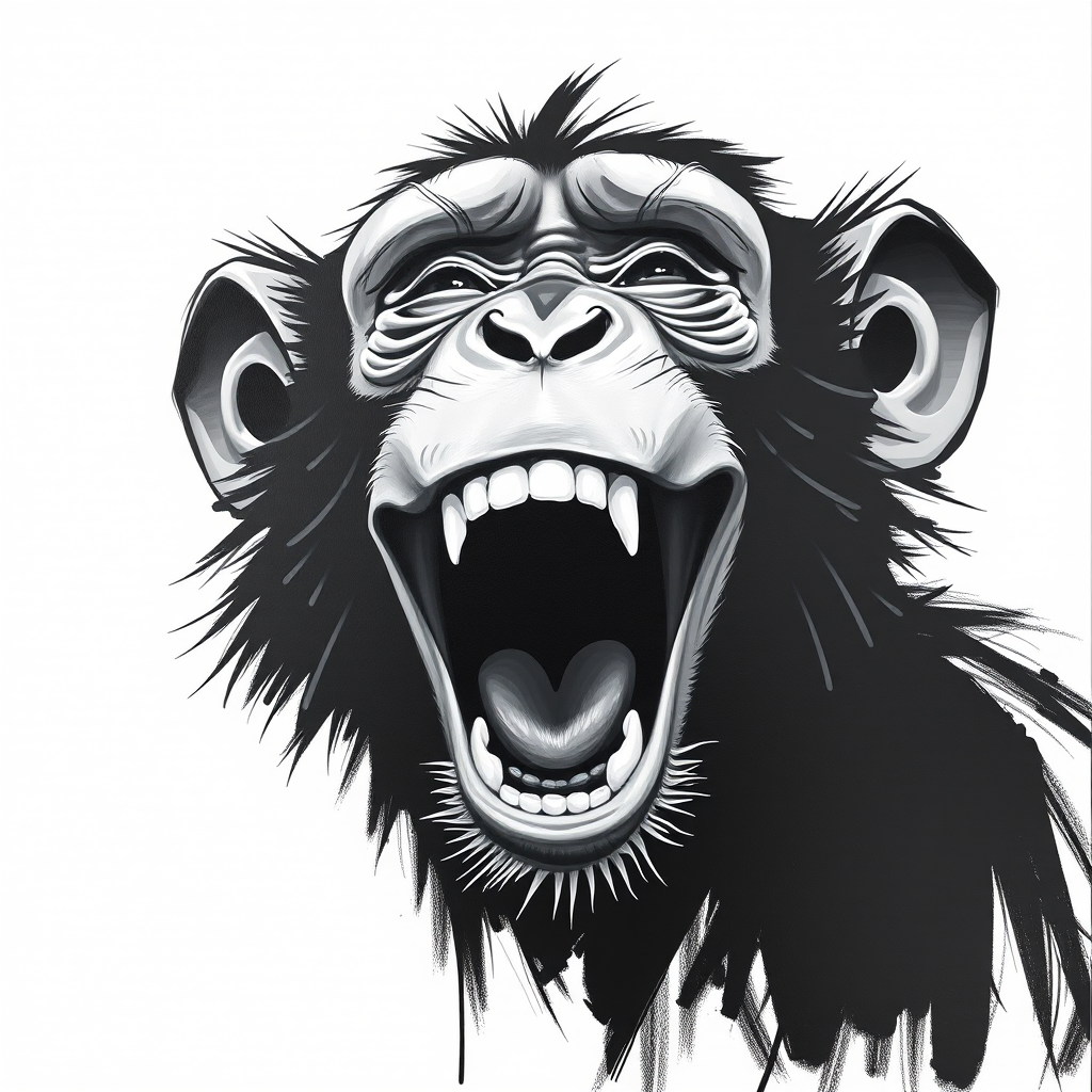 Abstract black and white acrylic portrait of an over exaggerated laughing (monkey). Minimalism style. White background.