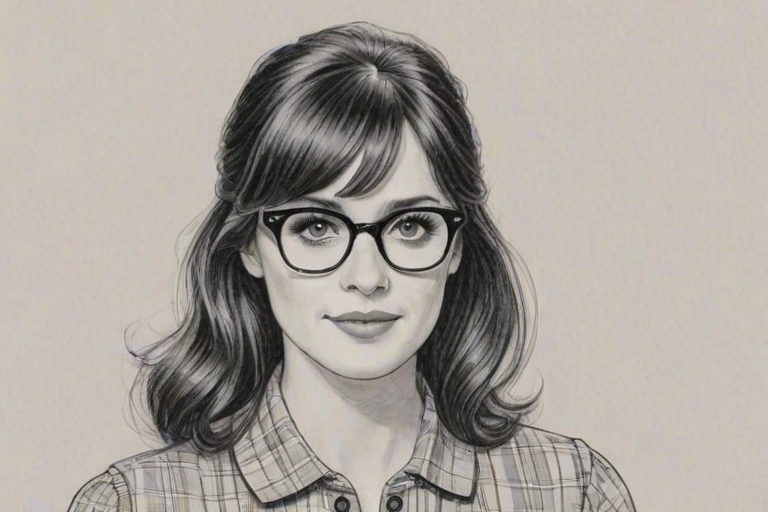 Exquisite Zooey Deschanel, pencil sketch, portrait of Fetching woman 1955s in glasses, hair style beatnik, outline, clear lines, fine lines, 8k