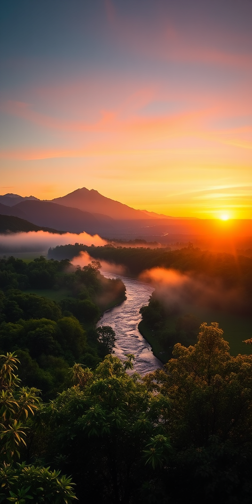 Generate a lush green landscape at sunrise with mountains in the background, mist rising from a river, vibrant colors, captured with a Canon EOS R5, 24mm lens, f/8 aperture, ISO 100, and a shallow depth of field to enhance image quality.