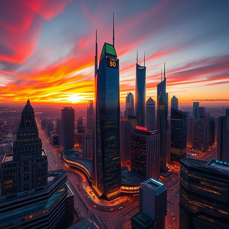 Create an image of a futuristic city skyline at sunset with vibrant colors, shot with a Canon EOS R5 at f/8, ISO 100, 16mm, HDR style, capturing intricate architectural details and dramatic lighting.