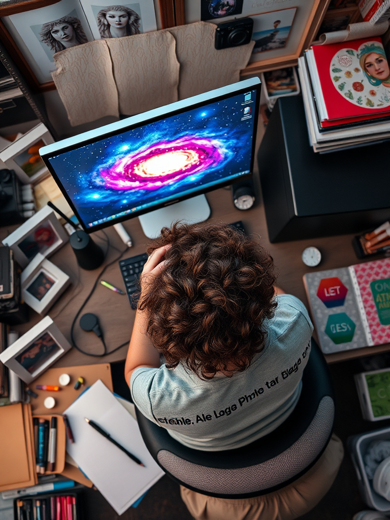 Create an overhead shot of a person with curly hair sitting at a cluttered desk with a computer displaying a colorful galaxy background, surrounded by photo frames, stationery, and art supplies, using a DSLR camera with a 35mm lens at f/2.8, ISO 400, and a shutter speed of 1/60s for a vibrant and detailed image.