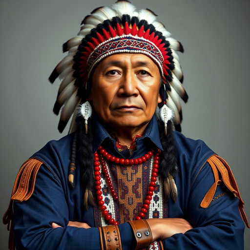 Create a dignified portrait of a Native American man dressed in traditional attire. He wears a beautifully crafted headdress adorned with white feathers and red beads, along with a beaded headband featuring intricate patterns. His clothing includes a deep blue, patterned shirt and a traditional chest piece with detailed beadwork. His arms are crossed, displaying leather armbands decorated with feathers. The background is simple and neutral, emphasizing his proud and stoic expression. The overall image captures the rich cultural heritage and strength of his persona.