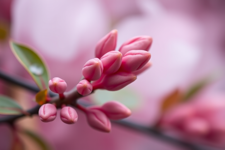 Close-up of pink flower buds on a leafy branch with a soft blurred background, shot with a Canon EOS 5D Mark IV, aperture f/2.8, ISO 100, shutter speed 1/200 sec, natural light, macro lens.
