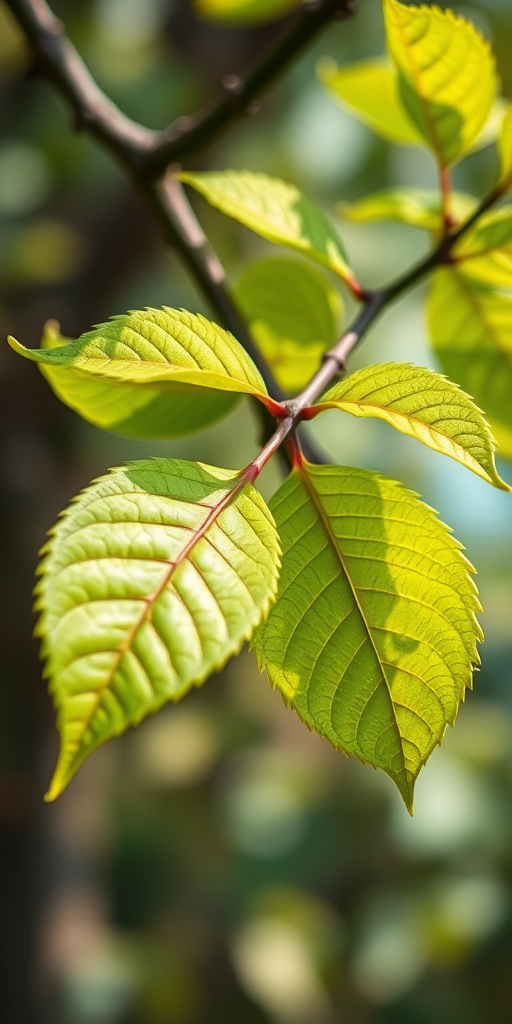 Create a detailed illustration of a branch with green leaves, using a macro lens at f/2.8 aperture for a shallow depth of field, capture from a low angle view to emphasize the leaves, and ensure vibrant colors and sharp focus, using a DSLR camera.