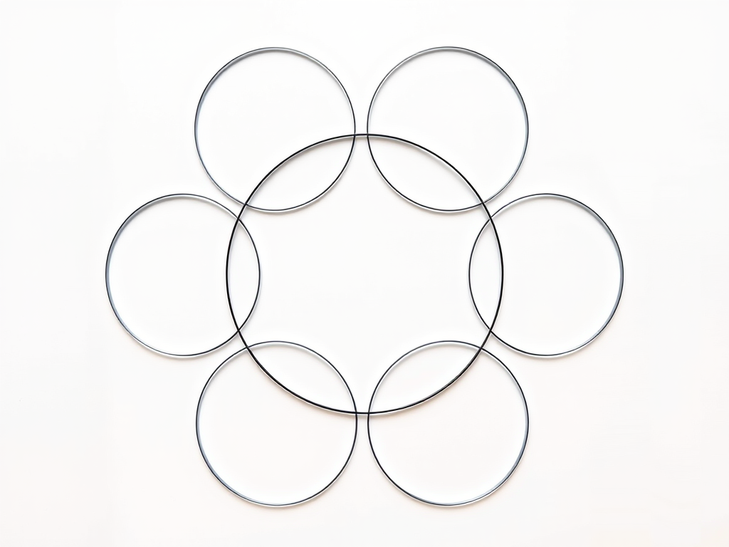 Create a high-resolution vector image of interlocking circles with a connecting shape, shot with a Canon EOS R5 at f/8, ISO 200, 1/125s, from a top-down view, using a clean white background and a minimalistic design style.