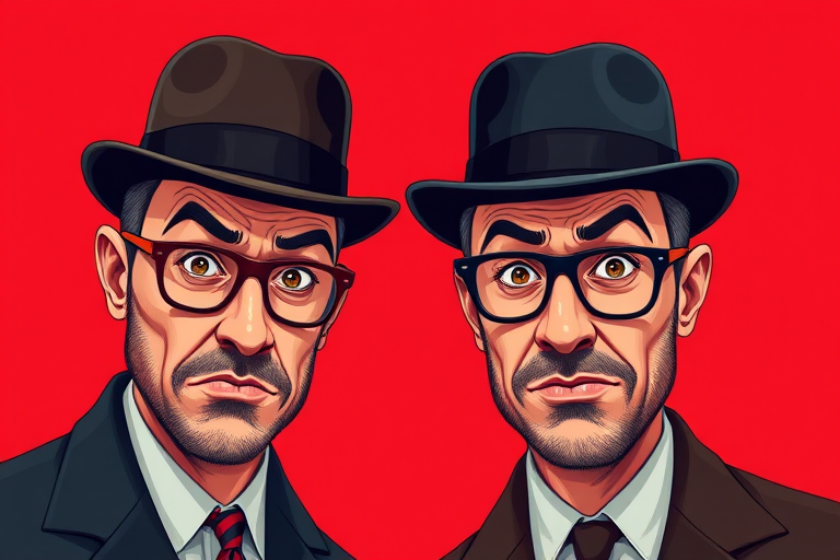 Create a high-resolution illustration of two men in bowler hats with exaggerated facial expressions, set against a solid red background, using digital illustration techniques; apply a 50mm lens, f/2.8 aperture, and vibrant color settings to enhance image quality.