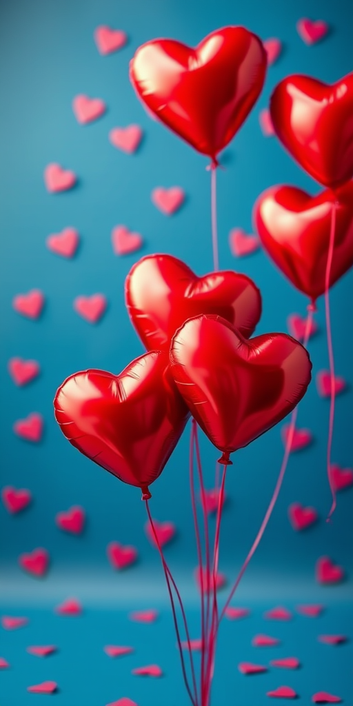 Create a romantic scene with multiple red heart balloons floating against a deep blue background featuring smaller hearts, using a Canon EOS R5 camera, f/2.8 aperture, 50mm lens, with a soft focus effect for added warmth and depth.